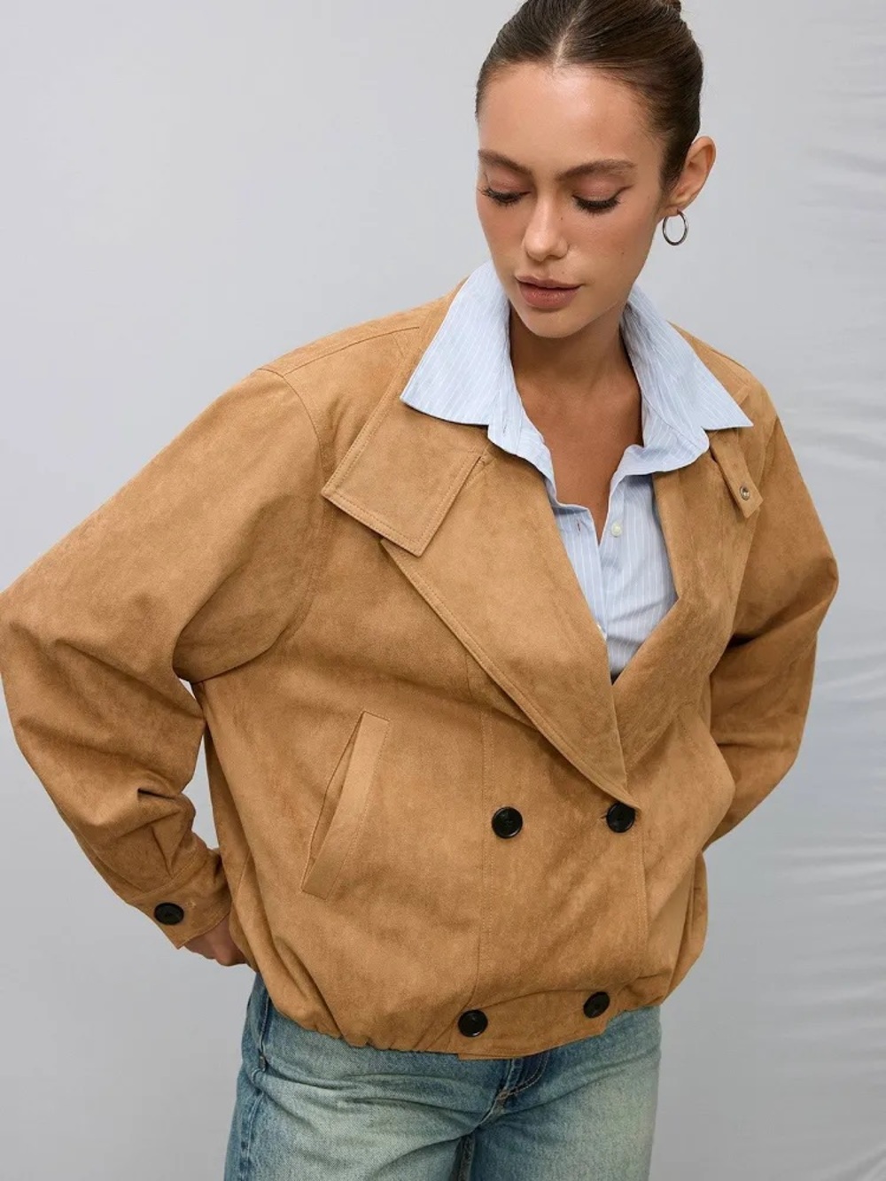 Commense Tan Bomber-Style Suede Jacket